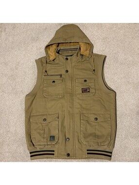 Classic Military Supply Series Mens L Gilet Cargo Vest Removable Hood Tan Sherpa
